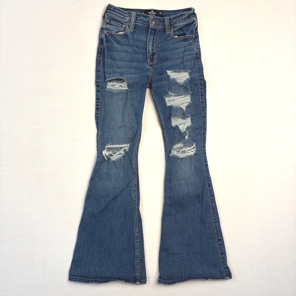 Hollister High Rise Flare Jeans Womens‎ 2S W26S Distressed Rips Medium Wash Boho